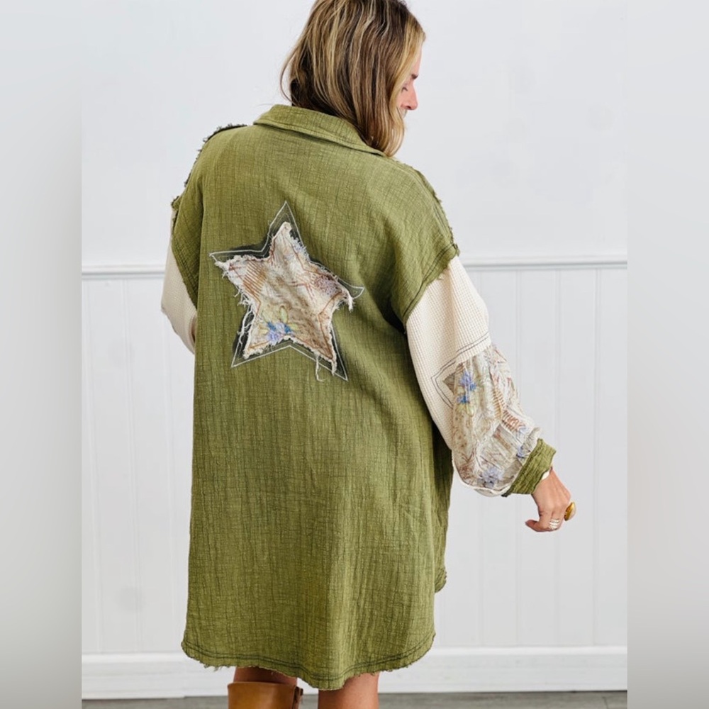 POL Olive Green Boho Patchwork Button-Up Shirt Jacket - Picture 2 of 3